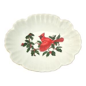 Vintage Lefton Trinket Tray Hand Painted Red Cardinal Holly Berries White Gold